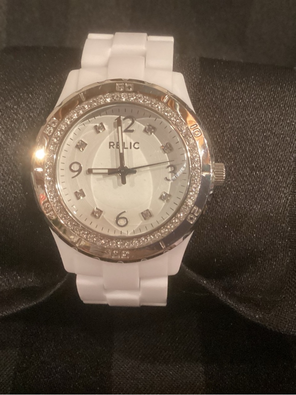 Relic White Link Watch Band with Silver-Tone Clasp & Crystal Edging